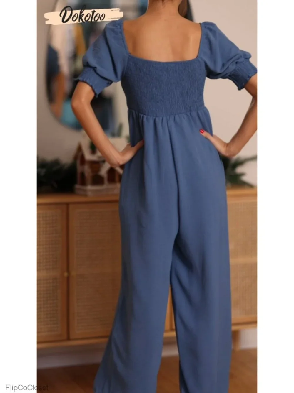 Women's Wide Leg Jumpsuit Lantern Sleeve Romper with Pockets Summer